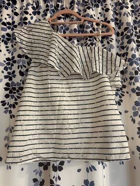 One-Shoulder Ruffle Camisole - White & Blue  Stripes